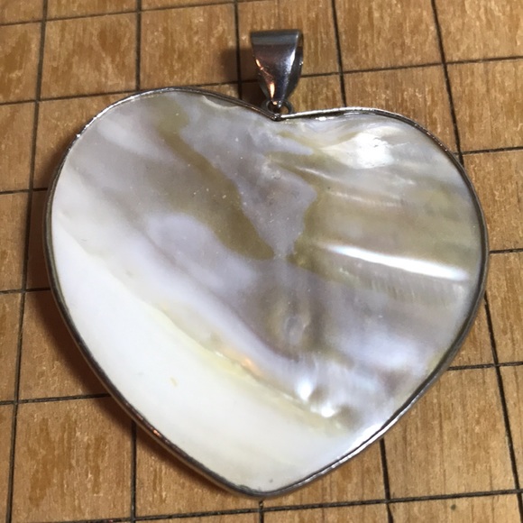 Blister Pearl Heart Big Pendant 2 1/16”Hx2"W Silver Tone Frame, Bale Organic EVC - Picture 7 of 8